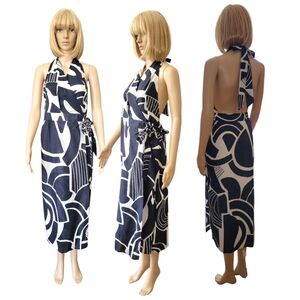 Zara The Nicole Dress, Zara Printed Halter Midi Dress, White,Navy, S, NWT